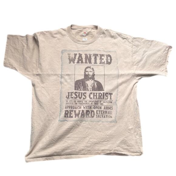 Tan jesus wanted t shirt w/ small hole on sleeve (x-large) - Picture 1 of 4